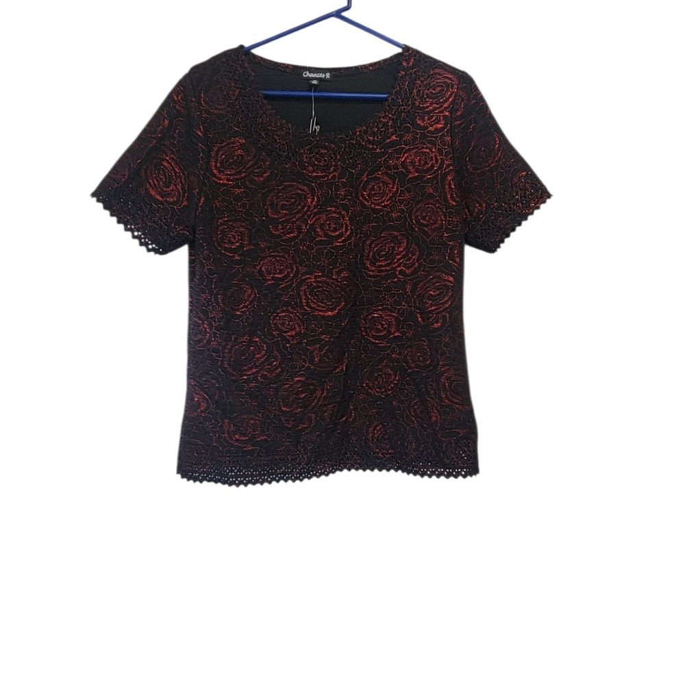 Chances R‎ Black Top Red Rose Floral Lace Trim Short Sleeve Blouse